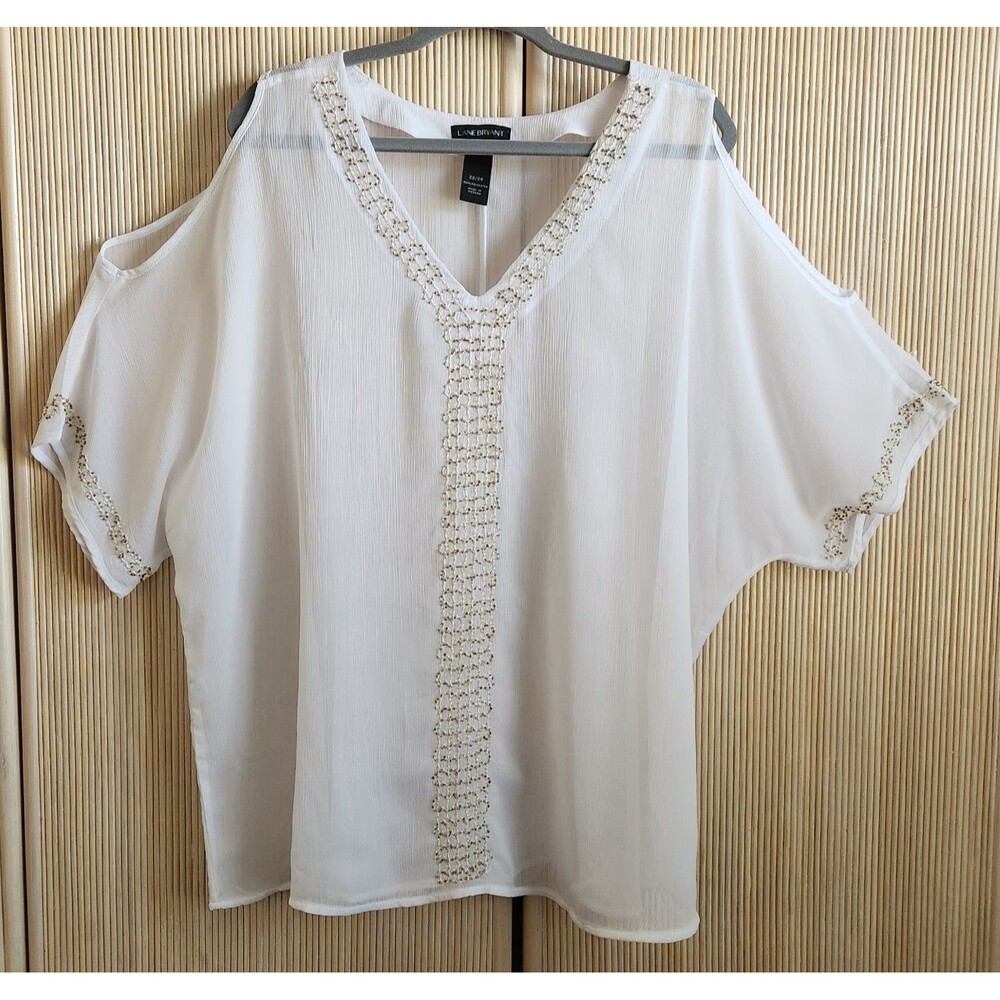 Lane Bryant Women's Blouse Size 22/24 White Sheer Cold Shoulder Gold Beads EUC